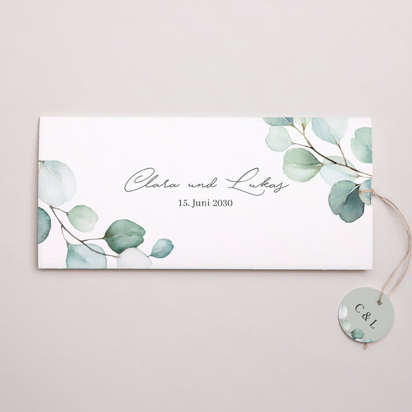 Hochzeitseinladung Mappe 2 Karten, Etikett Eukalyptusblätter foto
