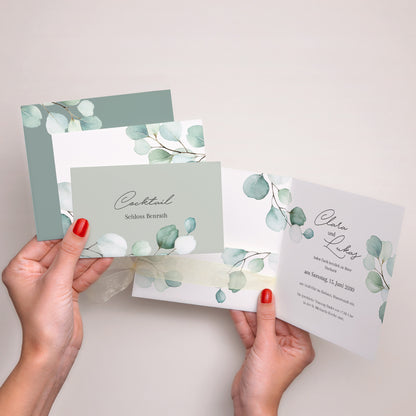 Hochzeitseinladung Quadratische Hülle, 3 Karten, Etikett Eukalyptusblätter foto N° 2