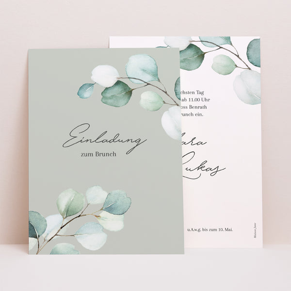 Einladungskarte Hochzeit Porträt Eukalyptusblätter foto
