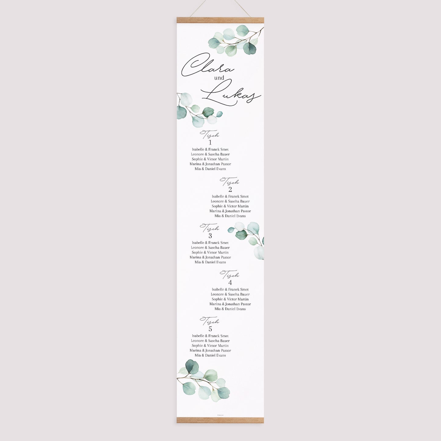 Sitzplan Hochzeit Holzstütze Eukalyptusblätter foto N° 1