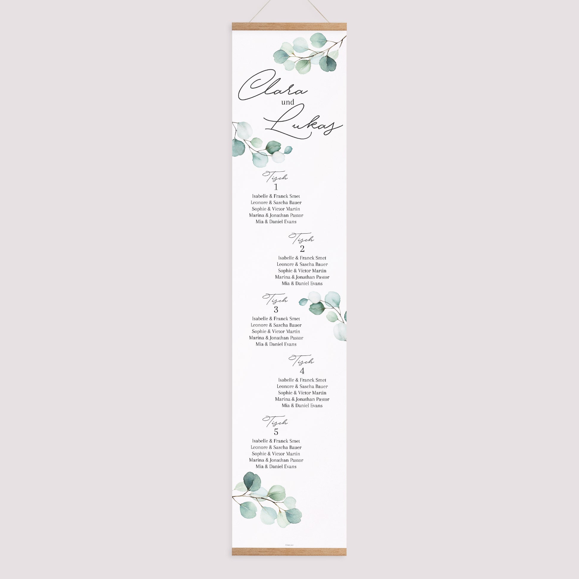 Sitzplan Hochzeit Holzstütze Eukalyptusblätter foto N° 1
