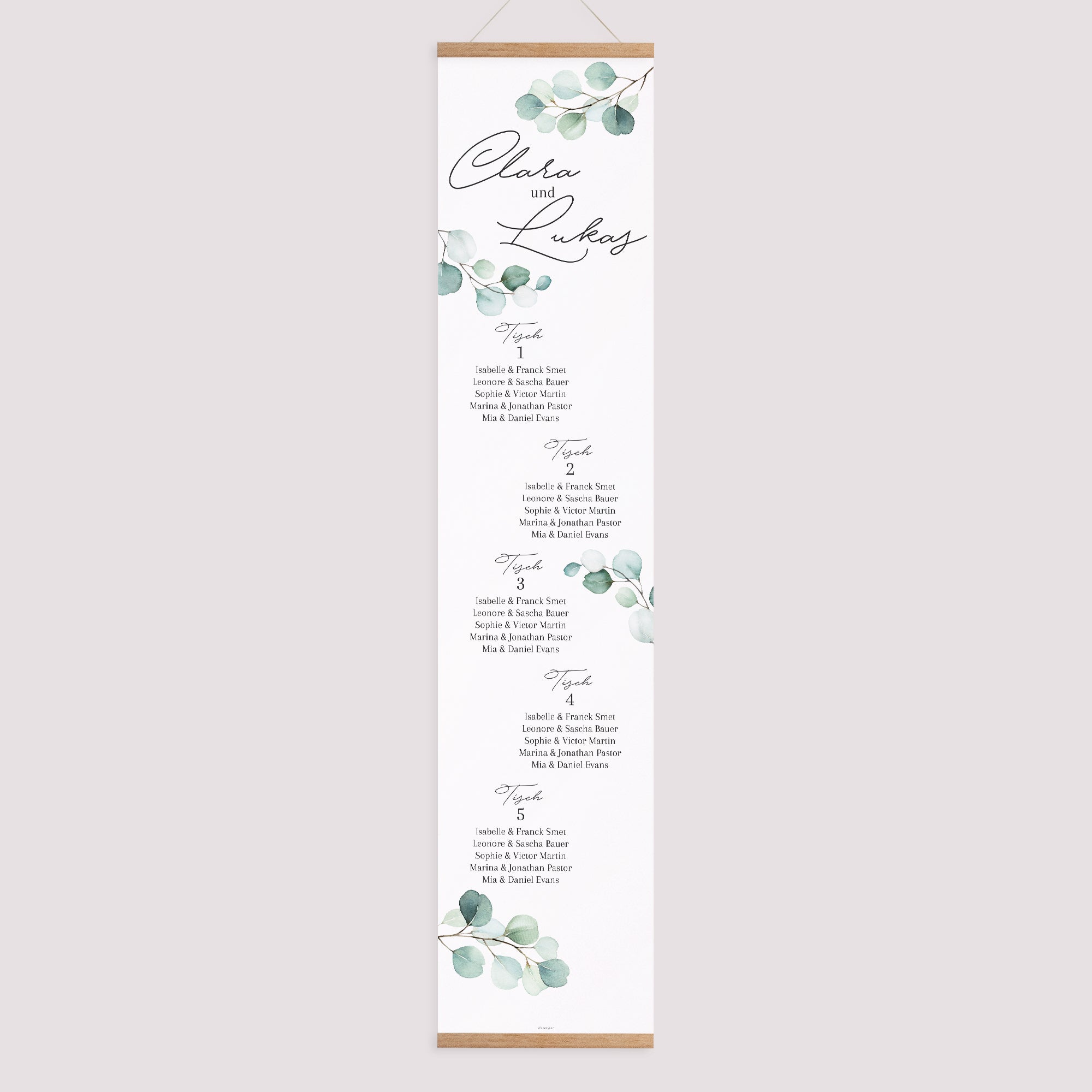 Sitzplan Hochzeit Holzstütze Eukalyptusblätter foto N° 1