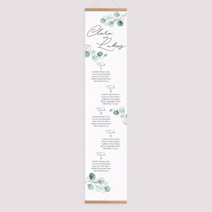 Sitzplan Hochzeit Holzstütze Eukalyptusblätter foto N° 1