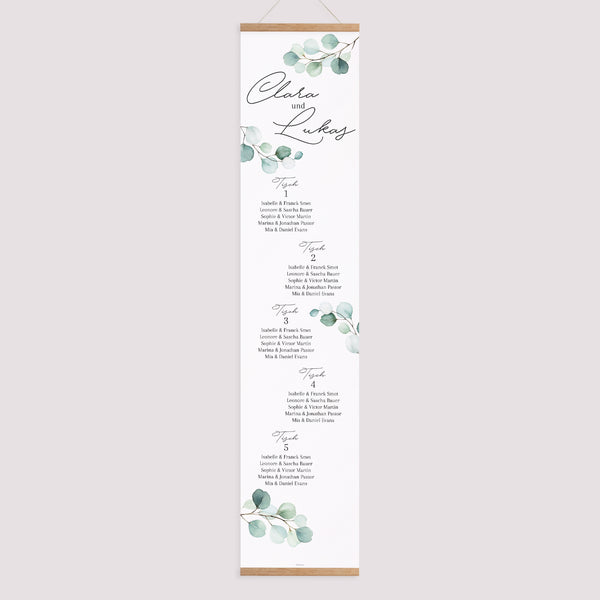 Sitzplan Hochzeit Holzstütze Eukalyptusblätter foto