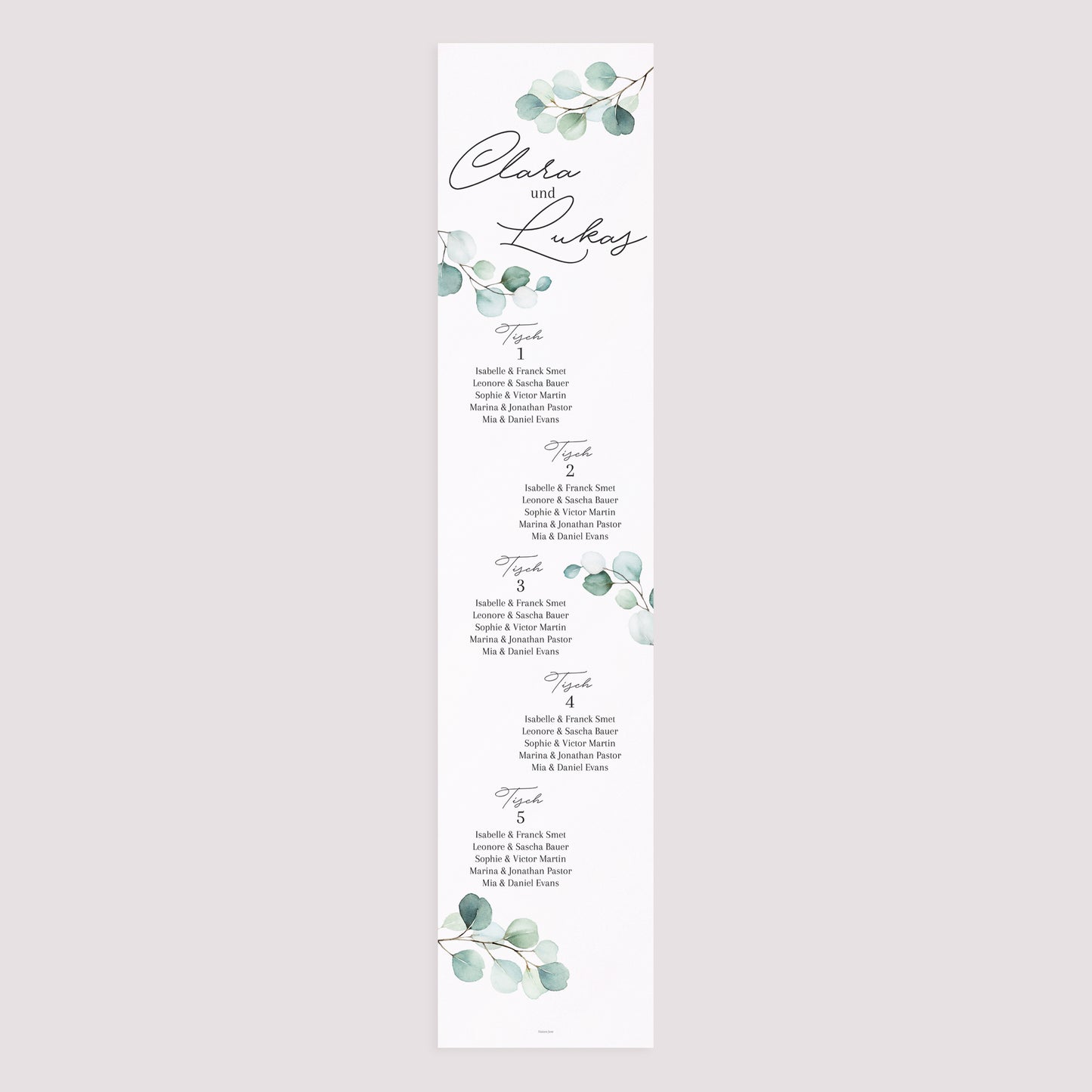 Sitzplan Hochzeit Holzstütze Eukalyptusblätter foto N° 3