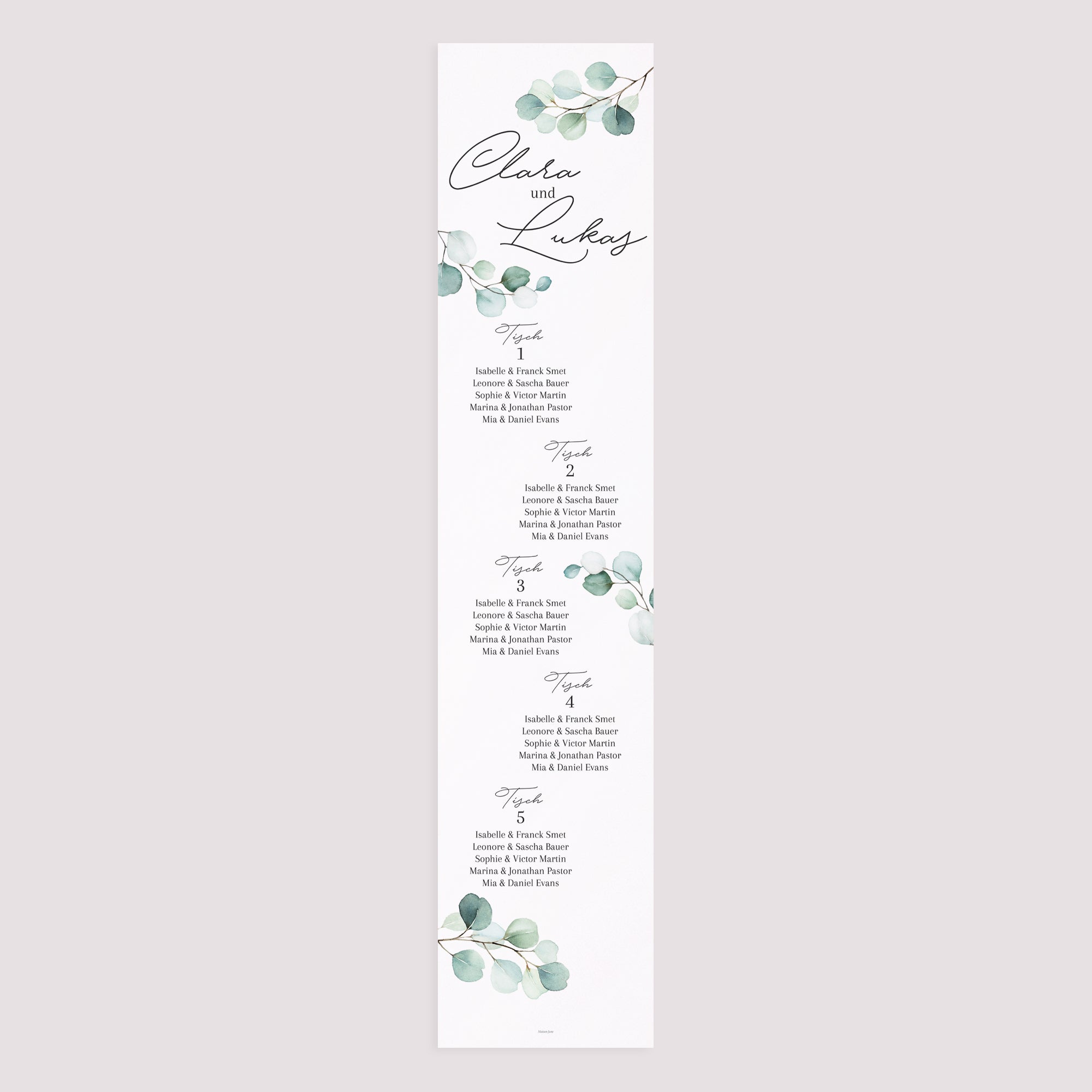 Sitzplan Hochzeit Holzstütze Eukalyptusblätter foto N° 3