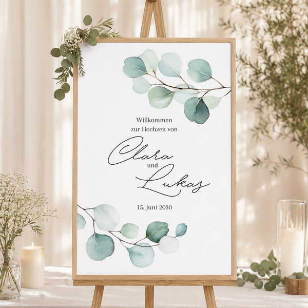 Begrüßungstafel Hochzeit Porträt 60 x 90 cm Eukalyptusblätter foto