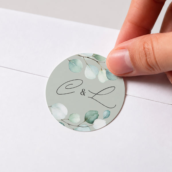 Sticker Hochzeit Rund Eukalyptusblätter foto