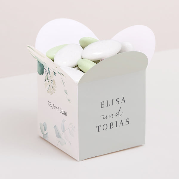 Geschenkbox Hochzeit Schmetterlingsöffnung Eukalyptus Aquarell foto