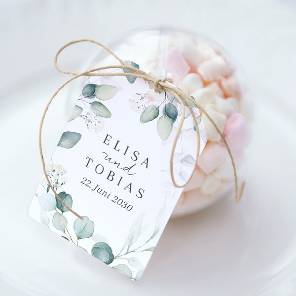 Geschenkbox Hochzeit Ball mit Wimpel-Etikett Eukalyptus Aquarell foto