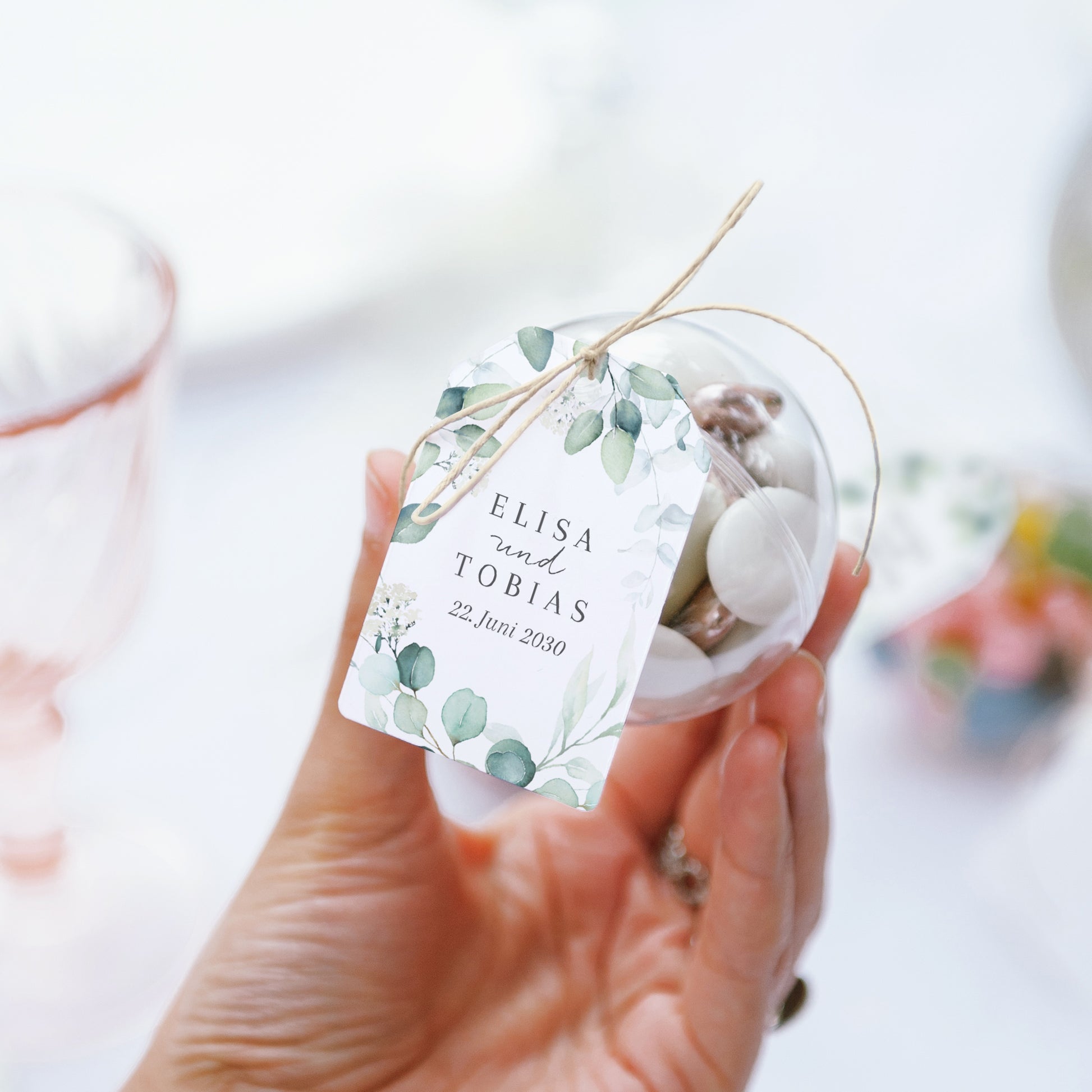 Geschenkbox Hochzeit Ball mit Wimpel-Etikett Eukalyptus Aquarell foto N° 3