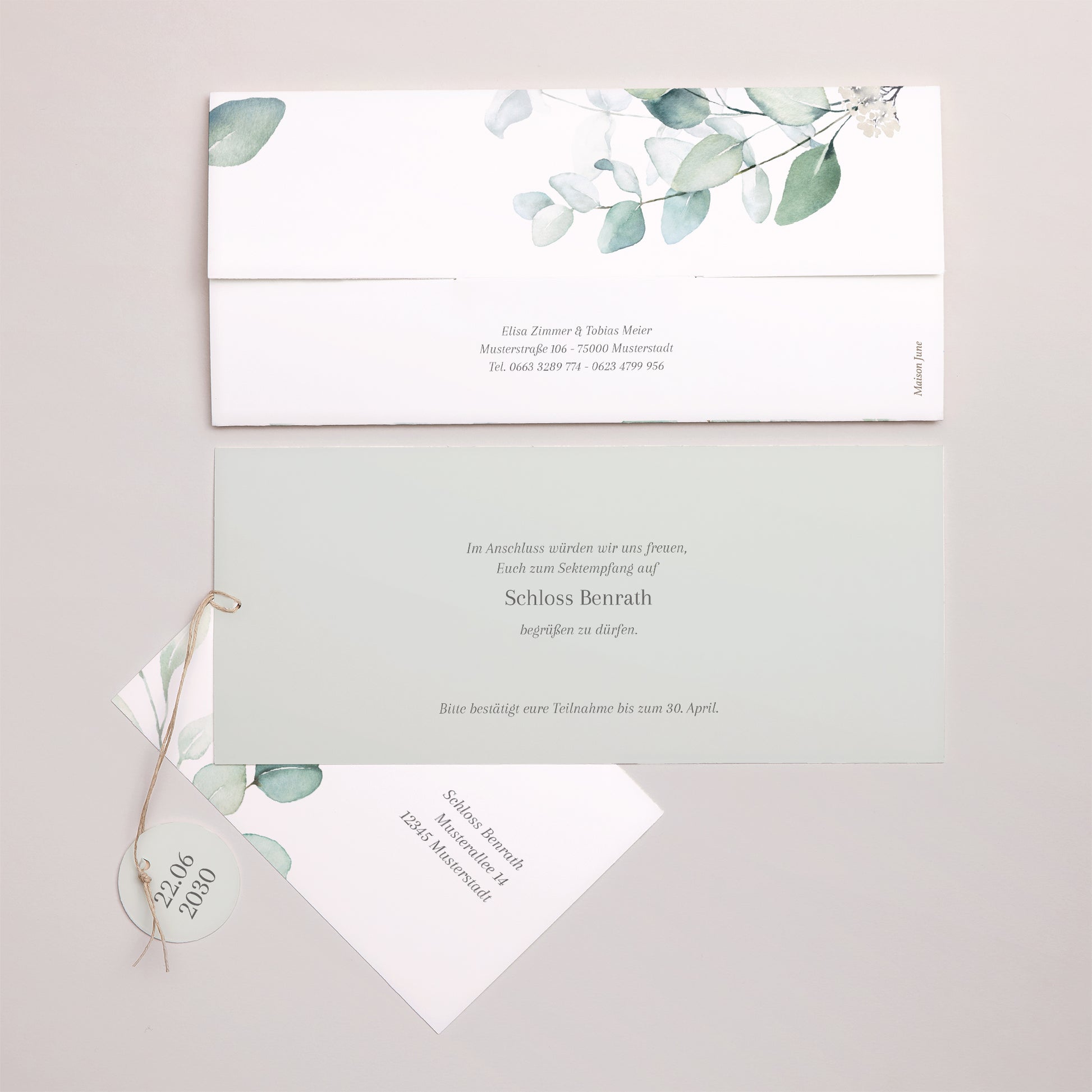 Hochzeitseinladung Mappe 2 Karten, Etikett Eukalyptus Aquarell foto N° 4