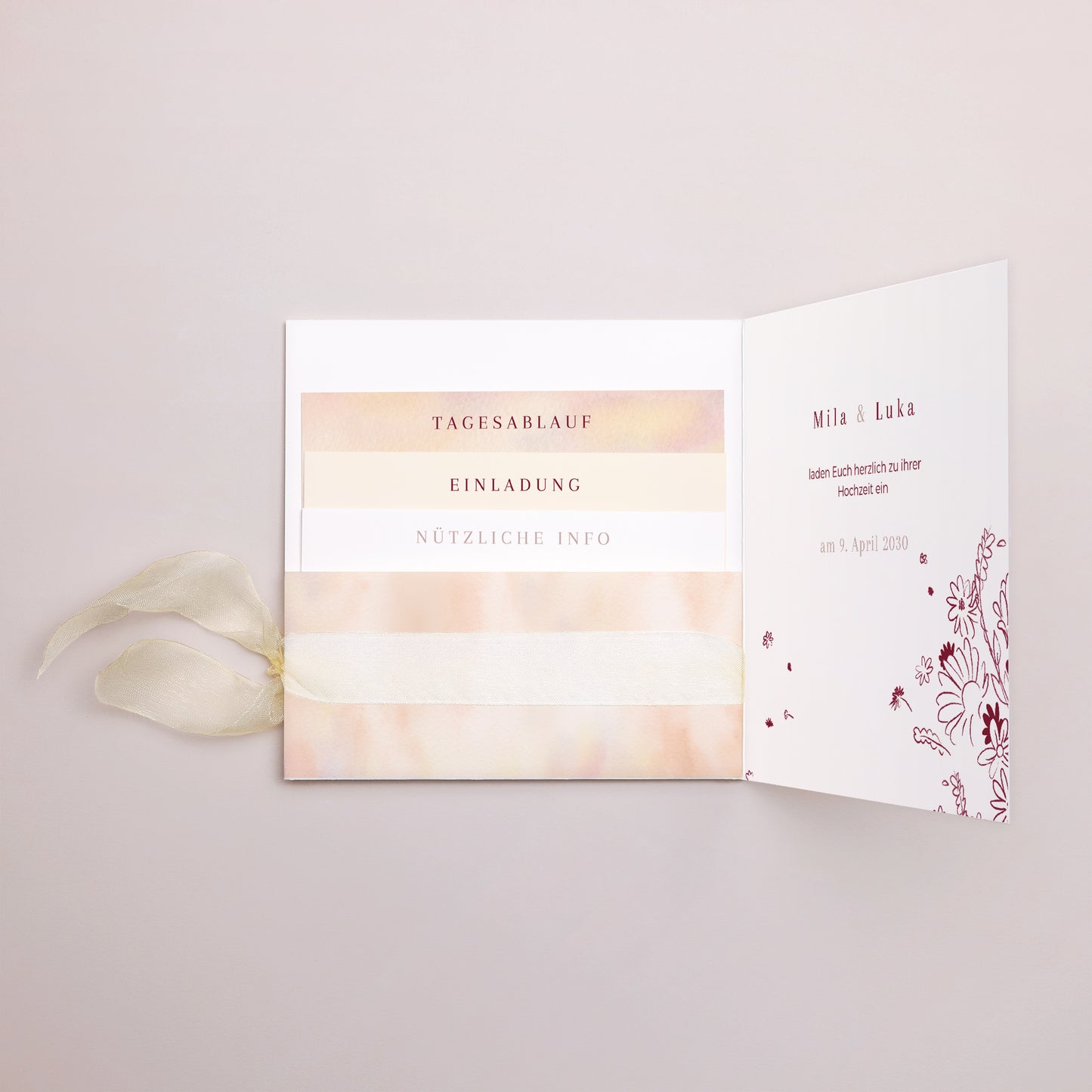 Hochzeitseinladung Quadratische Hülle, 3 Karten, Etikett Tandem foto N° 3