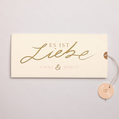 Hochzeitseinladung Mappe 2 Karten, Etikett Es ist die Liebe aus Gold. foto N° 1