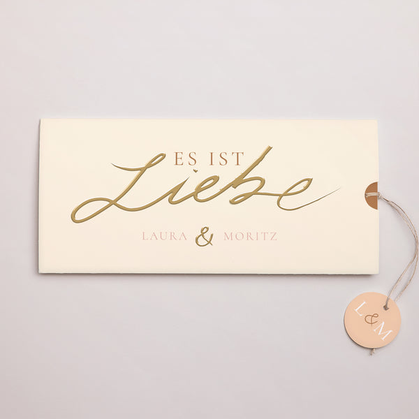Hochzeitseinladung Mappe 2 Karten, Etikett Es ist die Liebe aus Gold. foto