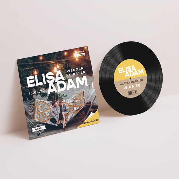Hochzeitseinladung Schallplattenhülle Vinyl der Liebe foto
