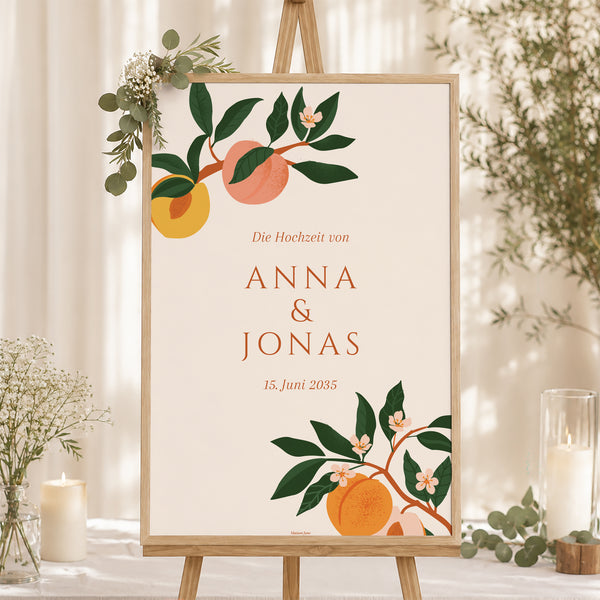 Begrüßungstafel Hochzeit Porträt 60 x 90 cm Unter den Aprikosenbäumen foto