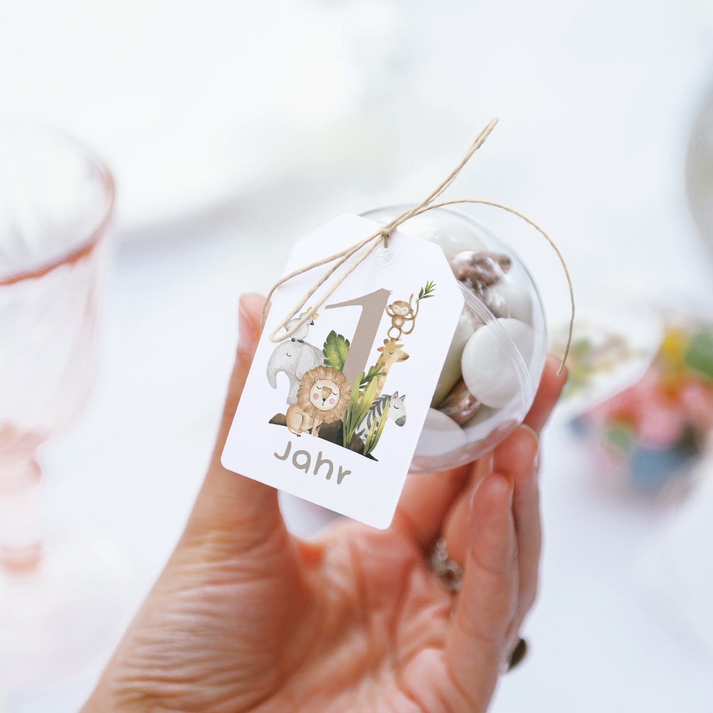 Geschenkbox Kindergeburtstag Ball mit Wimpel-Etikett Mein erstes Jahr im Dschungel foto N° 3