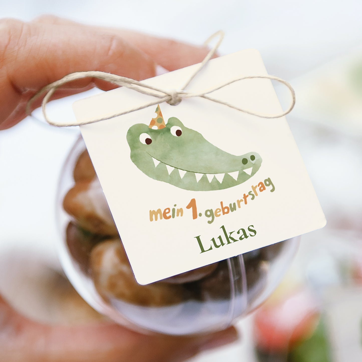 Mitgebsel-Box Kindergeburtstag Kugel mit quadratischem Etikett Geburtstag Krokodil foto N° 1
