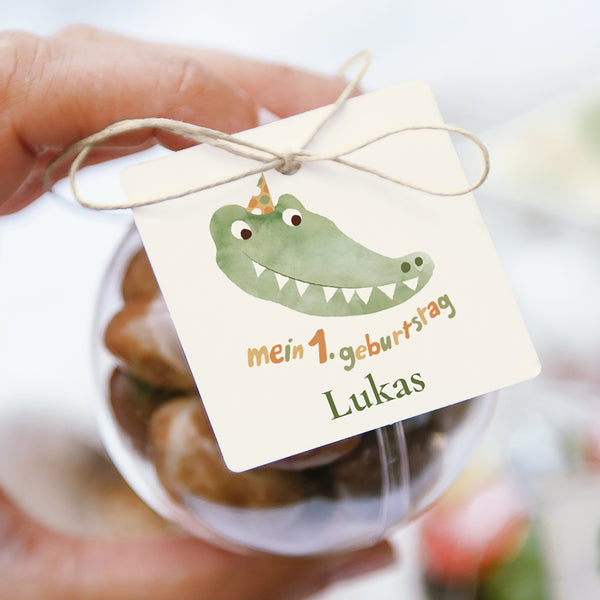 Mitgebsel-Box Kindergeburtstag Kugel mit quadratischem Etikett Geburtstag Krokodil foto