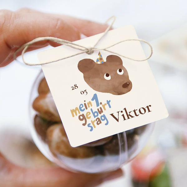Mitgebsel-Box Kindergeburtstag Kugel mit quadratischem Etikett Geburtstag Bär foto
