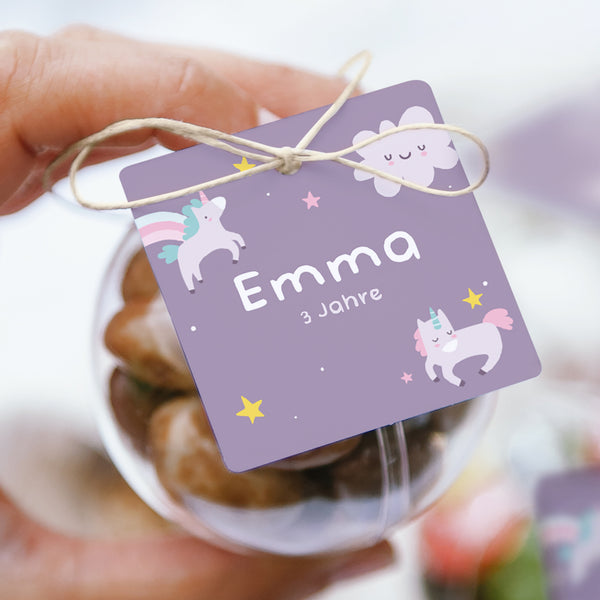 Mitgebsel-Box Kindergeburtstag Kugel mit quadratischem Etikett Mein Einhorn foto