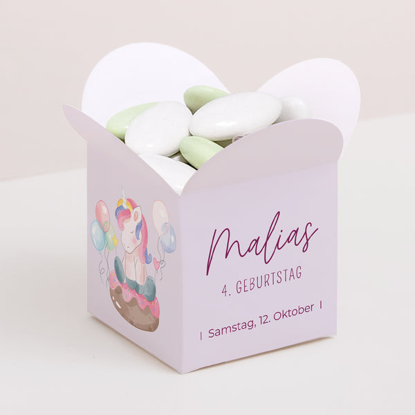 Mitgebsel-Box Kindergeburtstag Schmetterlingsöffnung Einhorn-Donuts foto