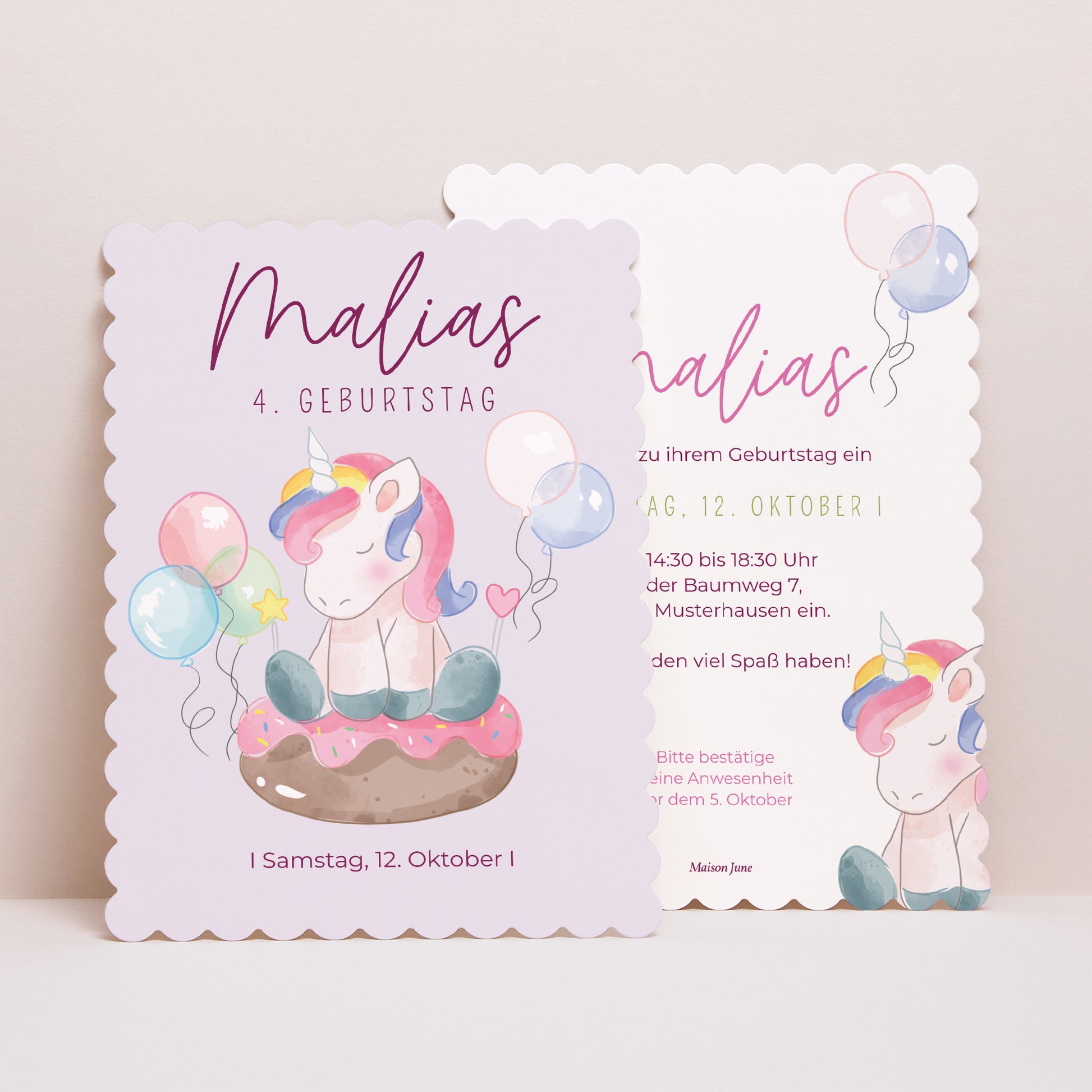 Einladungskarte Kindergeburtstag Porträt, Keksränder Einhorn-Donuts foto N° 1