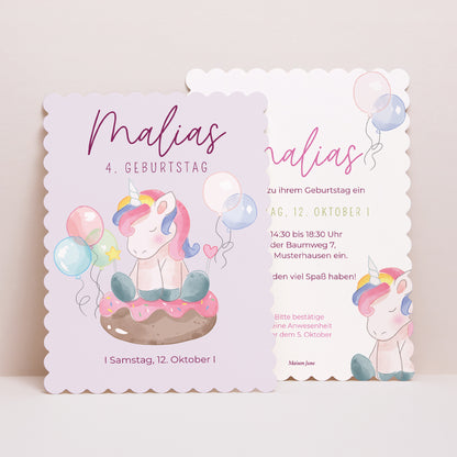Einladungskarte Kindergeburtstag Porträt, Keksränder Einhorn-Donuts foto N° 1