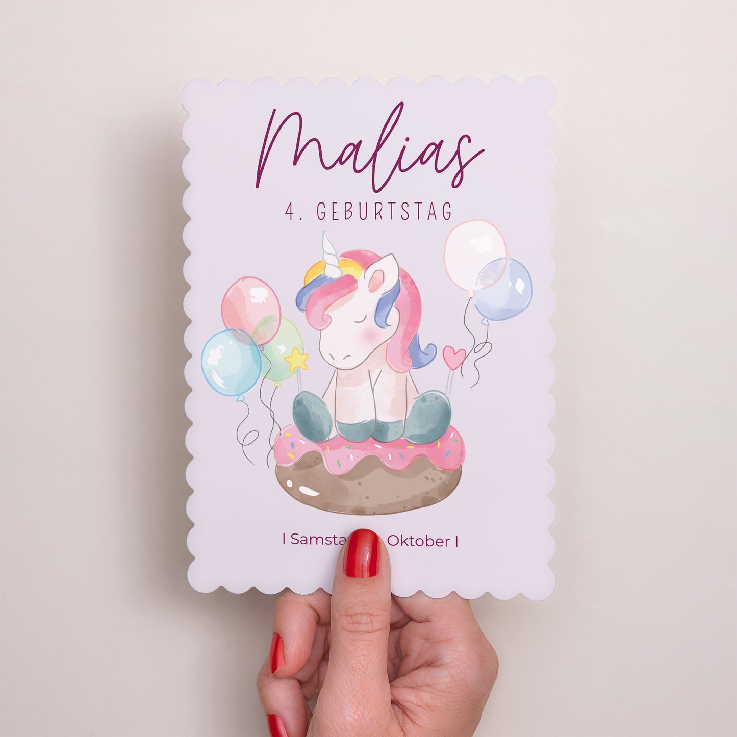 Einladungskarte Kindergeburtstag Porträt, Keksränder Einhorn-Donuts foto N° 2
