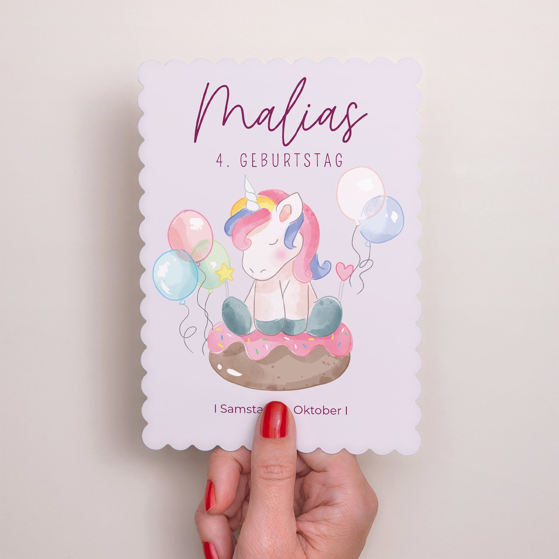 Einladungskarte Kindergeburtstag Porträt, Keksränder Einhorn-Donuts foto N° 2