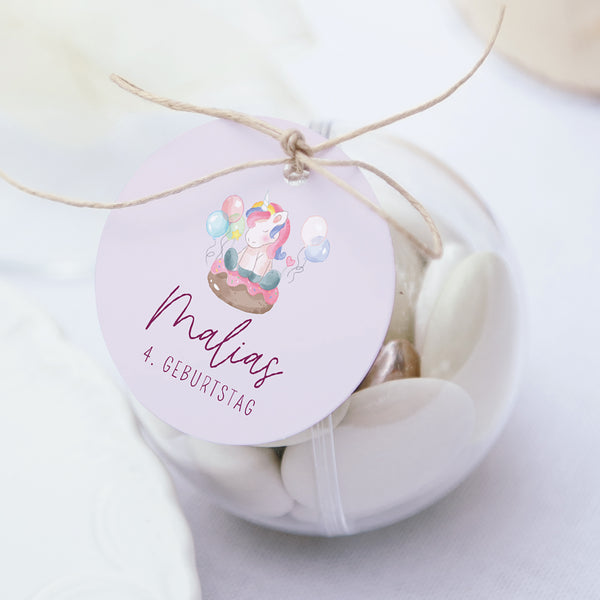 Mitgebsel-Box Kindergeburtstag Kugel mit runder Etikette Einhorn-Donuts foto