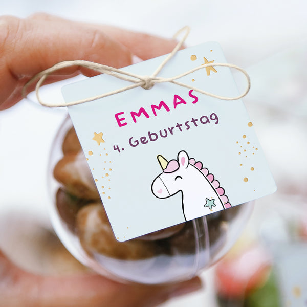 Mitgebsel-Box Kindergeburtstag Kugel mit quadratischem Etikett Einhornkuchen foto