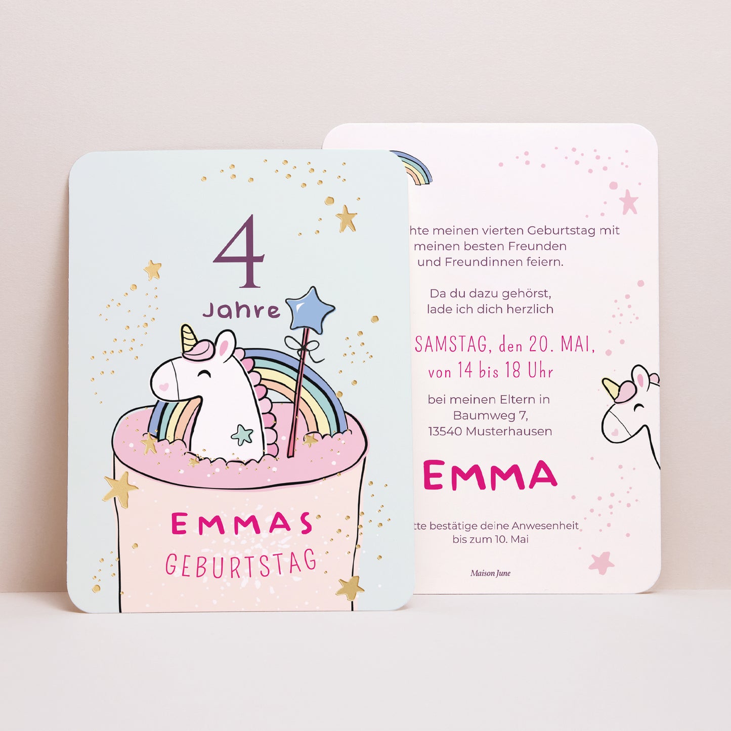Einladungskarte Kindergeburtstag Porträt, abgerundete Kanten Einhornkuchen foto N° 1