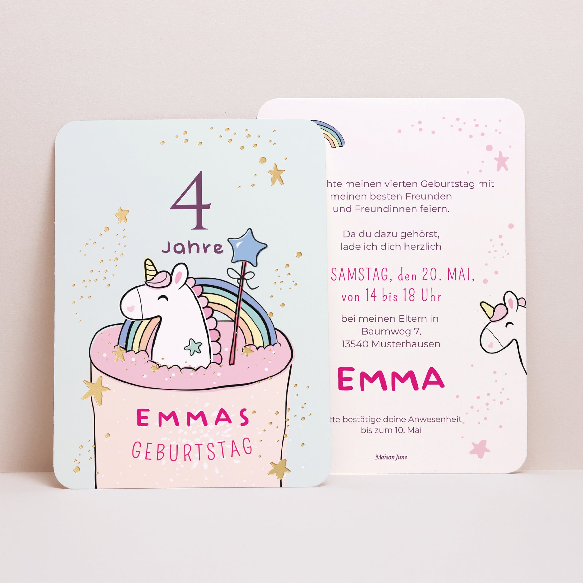 Einladungskarte Kindergeburtstag Porträt, abgerundete Kanten Einhornkuchen foto N° 1