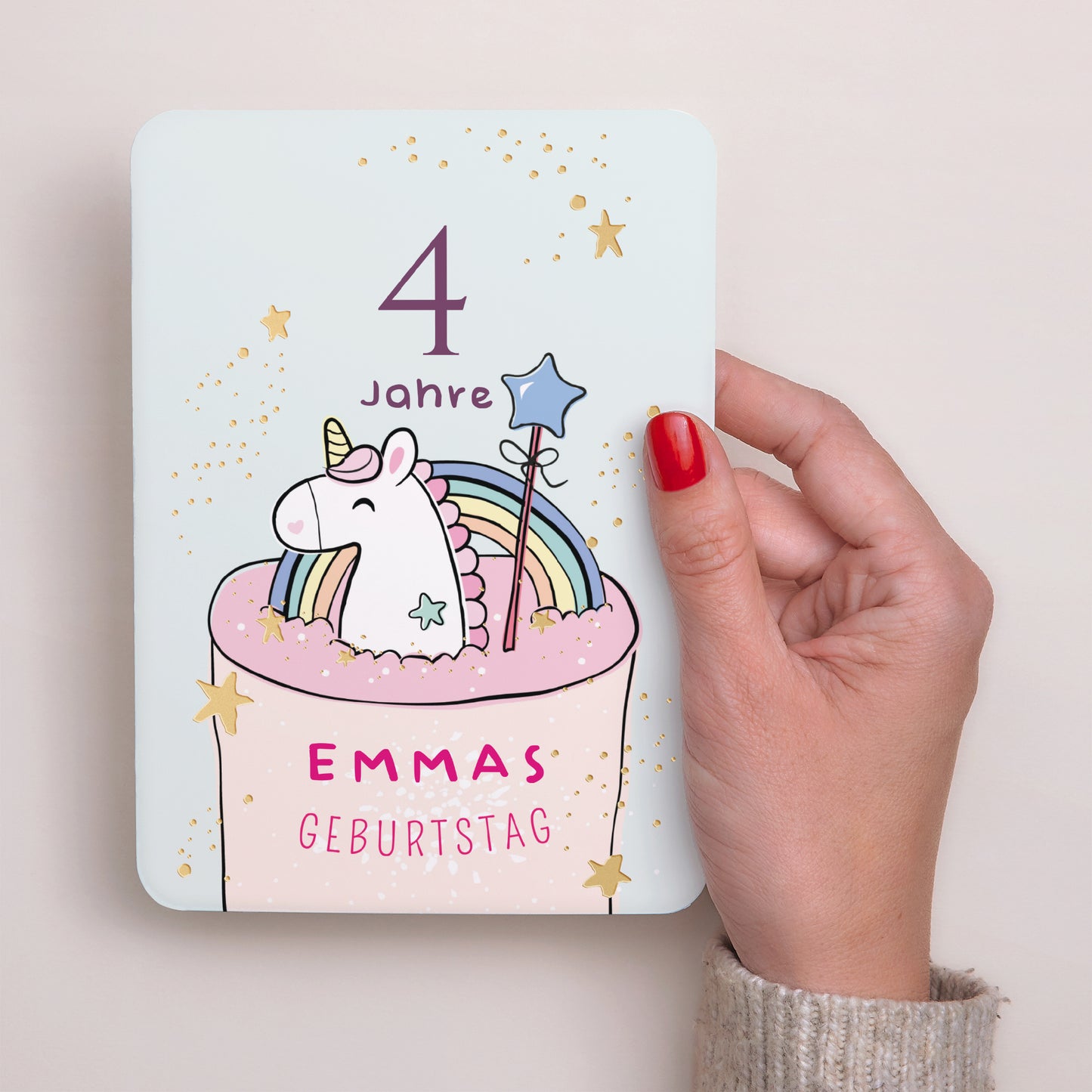 Einladungskarte Kindergeburtstag Porträt, abgerundete Kanten Einhornkuchen foto N° 2