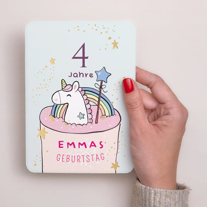 Einladungskarte Kindergeburtstag Porträt, abgerundete Kanten Einhornkuchen foto N° 2