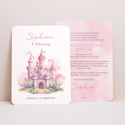Einladungskarte Kindergeburtstag Porträt, abgerundete Kanten Das Schloss der Prinzessin foto N° 1