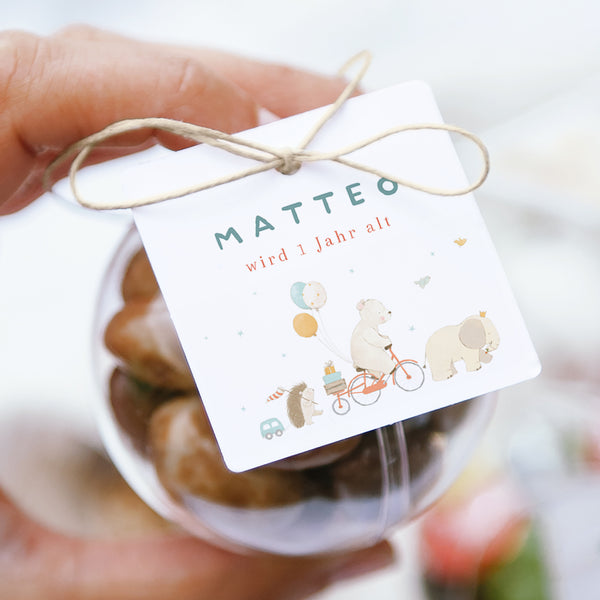 Mitgebsel-Box Kindergeburtstag Kugel mit quadratischem Etikett Meine Geburtstagsfeier! foto