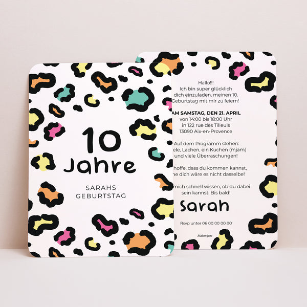Einladungskarte Kindergeburtstag Porträt, abgerundete Kanten Buntleopard foto