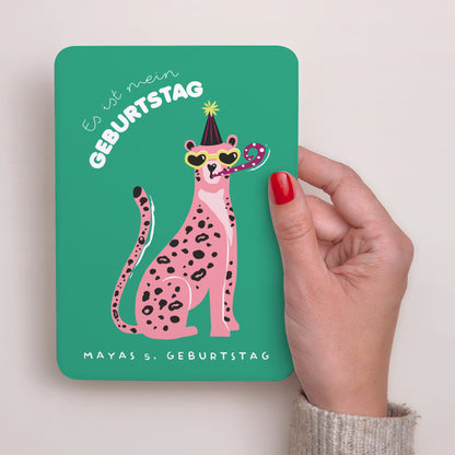 Einladungskarte Kindergeburtstag Porträt, abgerundete Kanten Festlicher Leopard foto N° 2