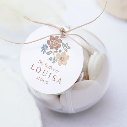 Geschenkbox Taufe Kugel mit runder Etikette Gekritzelte Blumen foto N° 1