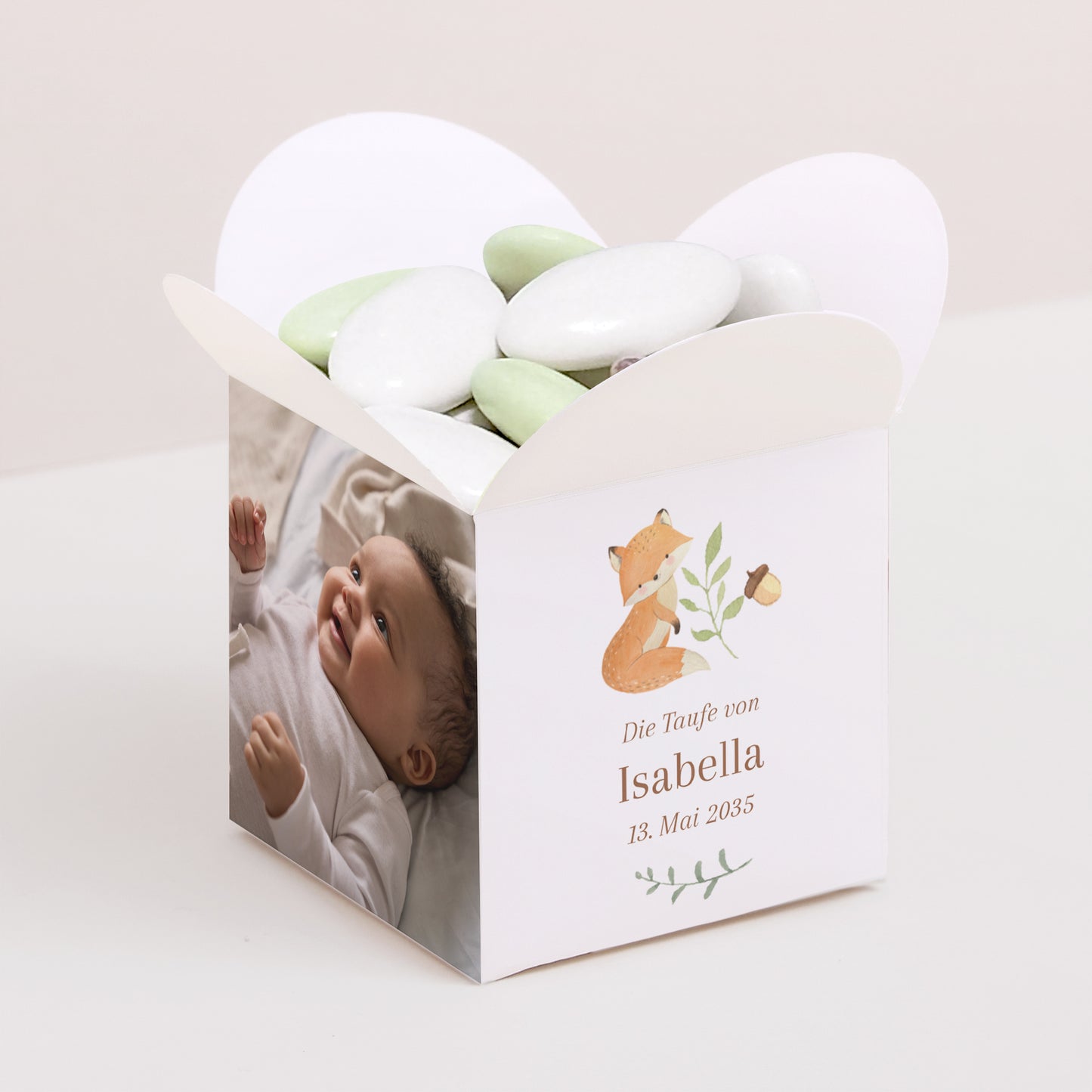 Geschenkbox Taufe Schmetterlingsöffnung Die Tiere des verwunschenen Waldes foto N° 1