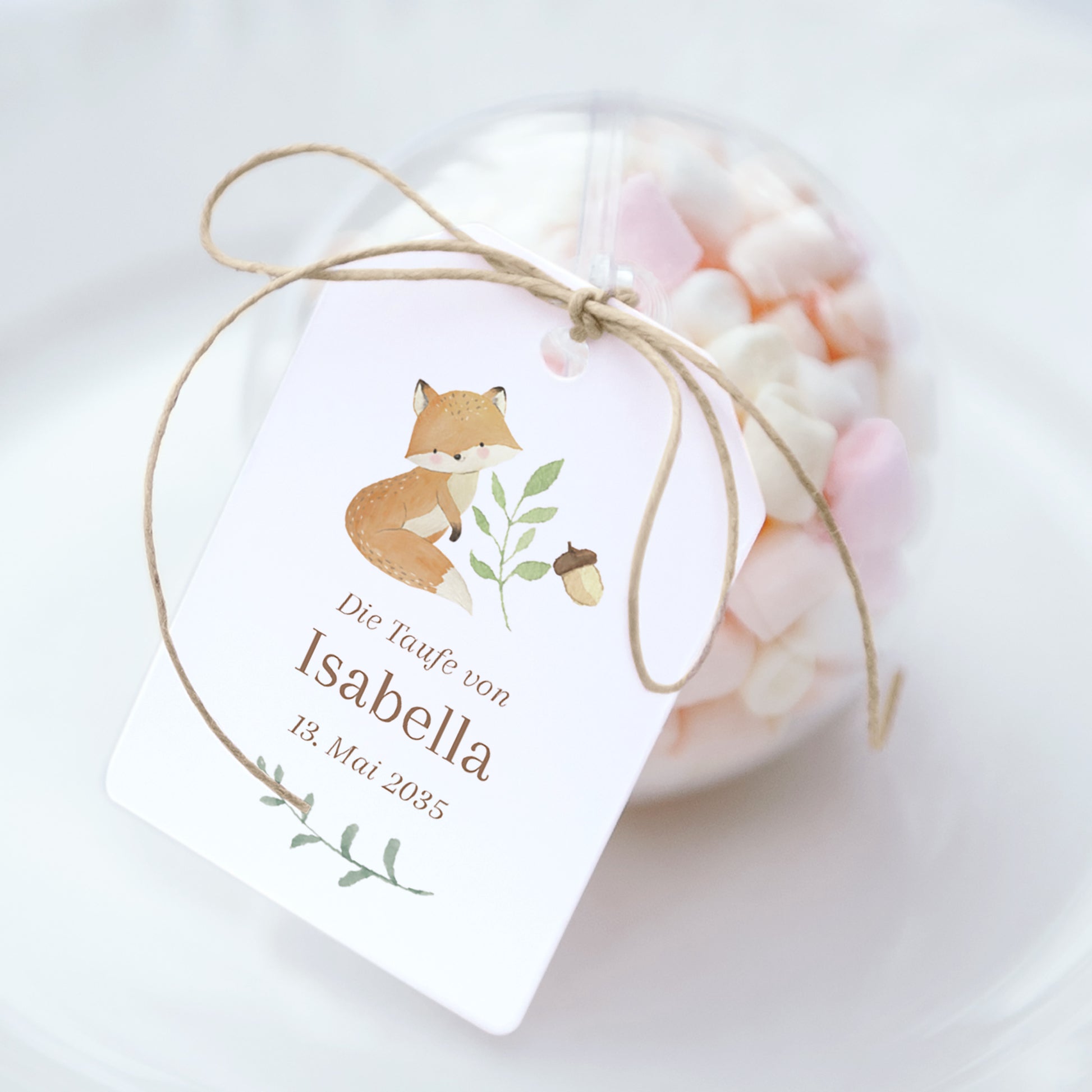 Geschenkbox Taufe Ball mit Wimpel-Etikett Die Tiere des verwunschenen Waldes foto N° 1