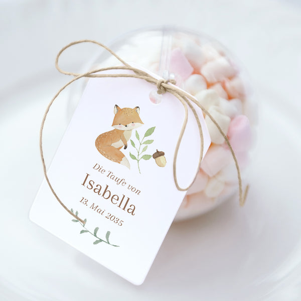 Geschenkbox Taufe Ball mit Wimpel-Etikett Die Tiere des verwunschenen Waldes foto