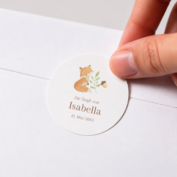 Sticker Taufe Rund Die Tiere des verwunschenen Waldes foto