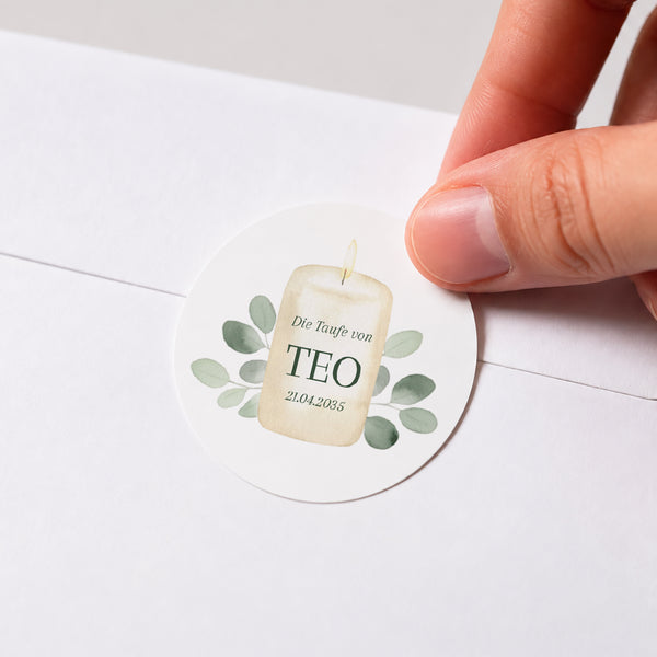 Sticker Taufe Rund Kerze und Laub foto