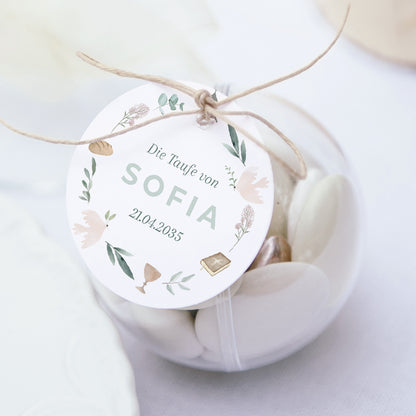 Geschenkbox Taufe Kugel mit runder Etikette Religiöse Symbole krönen foto N° 1