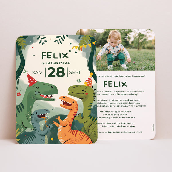 Einladungskarte Kindergeburtstag Porträt, abgerundete Kanten Die Dino-Party foto