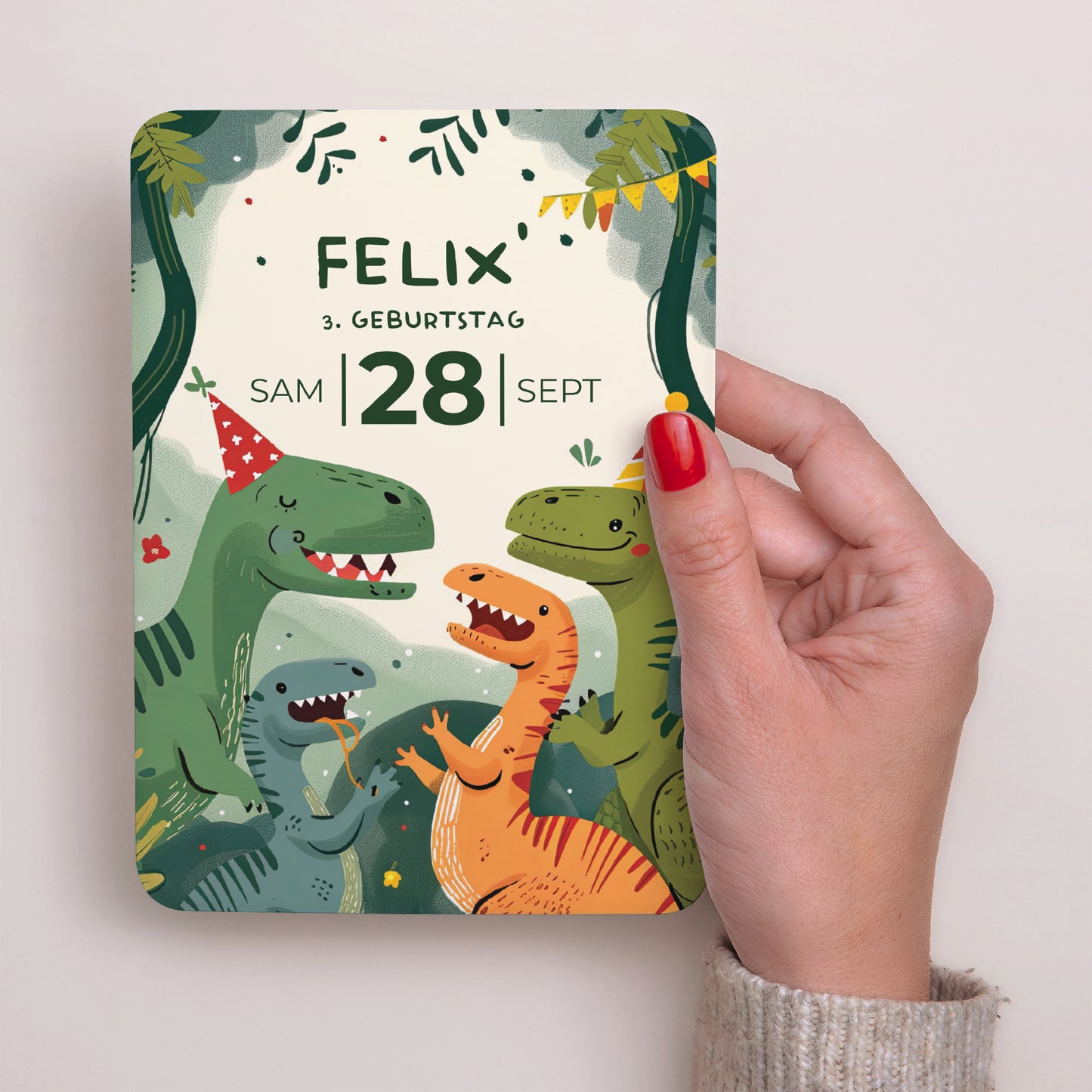Einladungskarte Kindergeburtstag Porträt, abgerundete Kanten Die Dino-Party foto N° 2